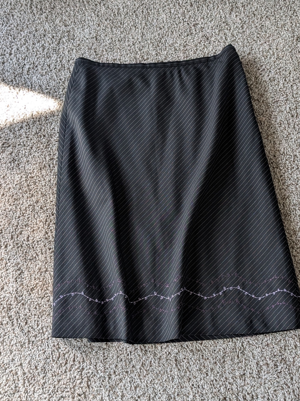 LOFT Black Pinstripe A-Line Skirt with Subtle Lavender Embroidery